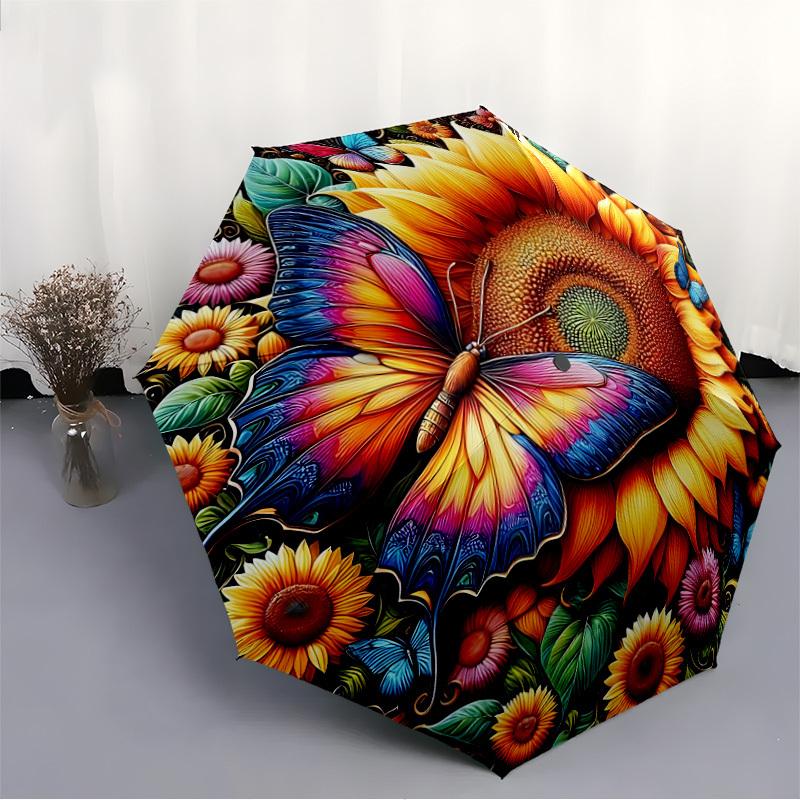 1pc Butterfly Sunflower Automatic Folding Umbrella   Compact 8 Rib Design, Durable Iron Frame for Travel, Outdoor,  a0920112