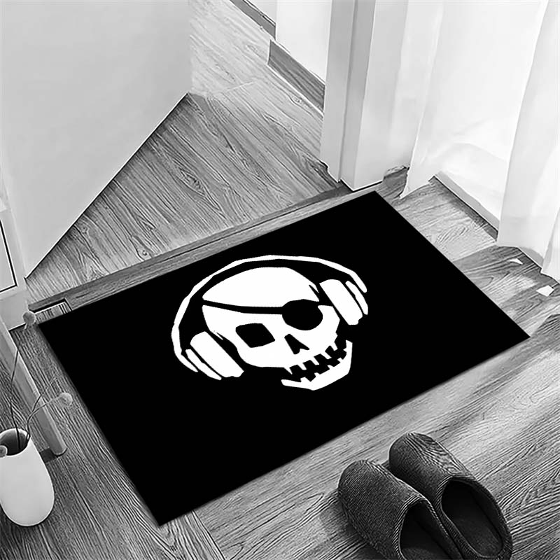 

Круглый коврик для двери «Пиратский череп в наушниках», Черно-белый нескользящий коврик для пола для любителя музыки, рокера, Декор для дома 40x60cm( 15x23in )
