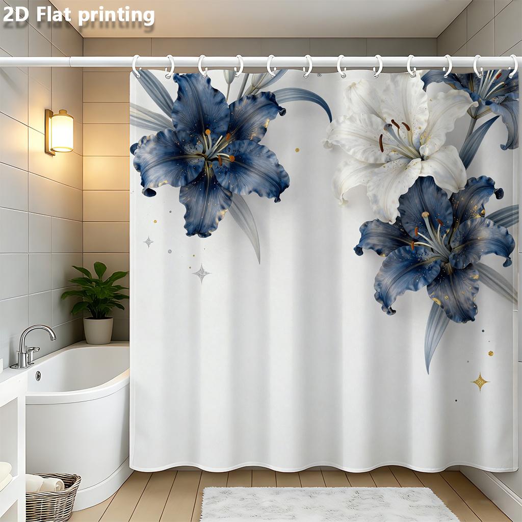

Blue & White Lily Shower Curtain 1Pc With 12 Grommets Polyester 2D Flat Print 70.8X70.8 Inch Luxe Floral Bathroom Decor With W60H190(CM)-1 Pcs
