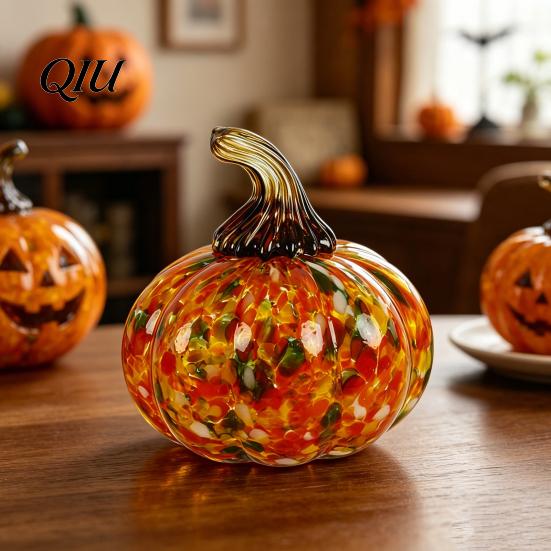 Fall Season Decoration Mini Hand Blown Glass Pumpkin Ornament, Collectible Thanksgiving Halloween Transparent Figurine Faux Crystal Hanging for Fall,