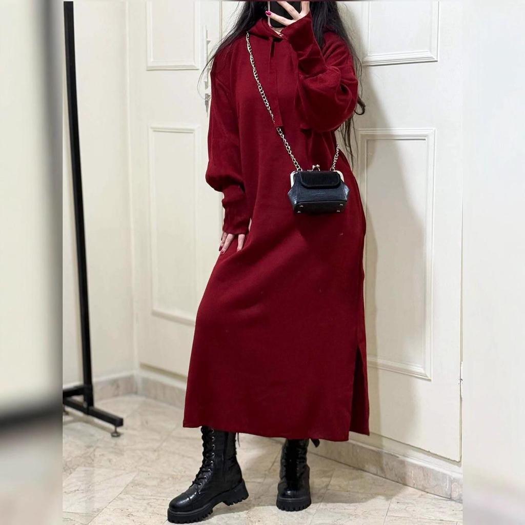 2025 Autumn Women's European & American Knit Sweater Dress with Elastic Lantern Sleeves and Hood