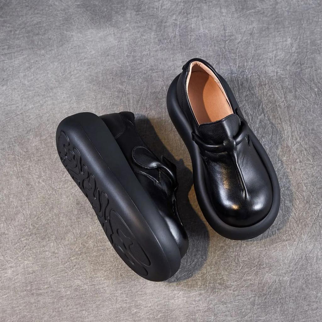 Johnature Genuine Leather Thick Soled Women's Shoes Round Toe Lightweight Retro Flat Platform Shoes