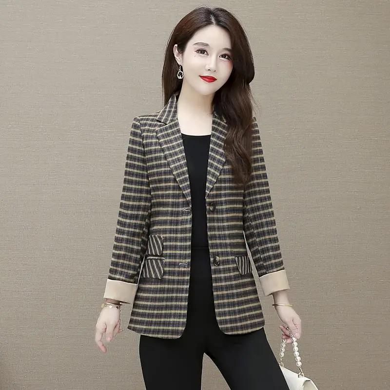 Spring Autumn Vintage Plaid Suit Jacket Women Slim Lapel Contrast Trim Casual Office Blazer