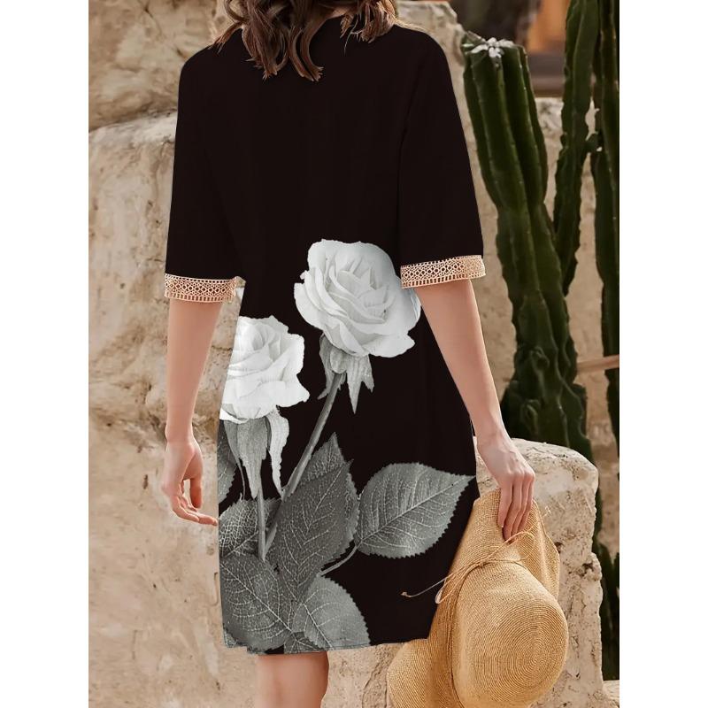 YYFS Women's Fashion Summer Spring Flower Pattern Print 1/2 Sleeves V-Neck Loose Waistline Casual Dresses