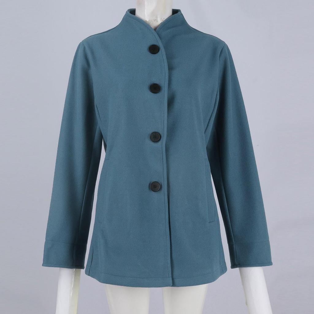 Manteau d'hiver en laine à manches longues pour femme, coupe décontractée, coupe ajustée, revers, fausse poche, cardigan à boutons