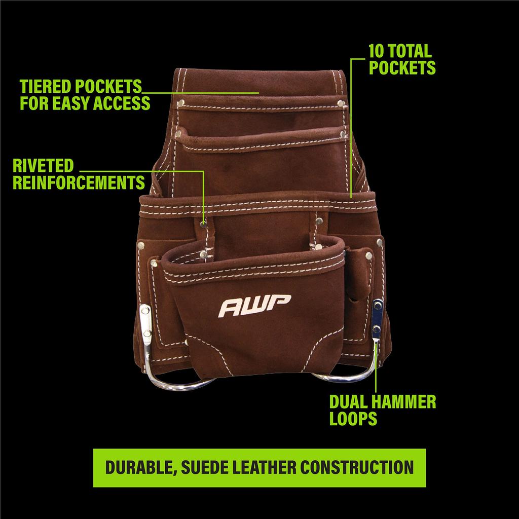 AWP Premium Tool Organizer for Professional Toolbox for Efficient 10 Pockets Pouch, Multi-Pocket Electricians, Organization, Brown, 1LS-688-1