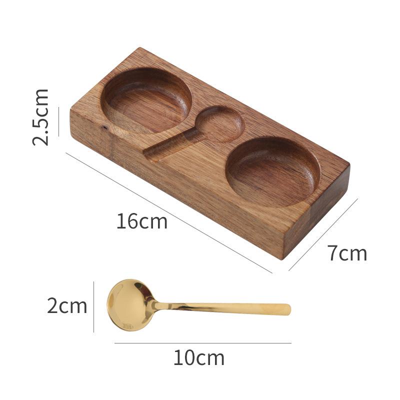 Natural Solid Wood Condiment Tray, Compartmented Serving Dish with Spoons for BBQ Dipping Sauces and Table Organization