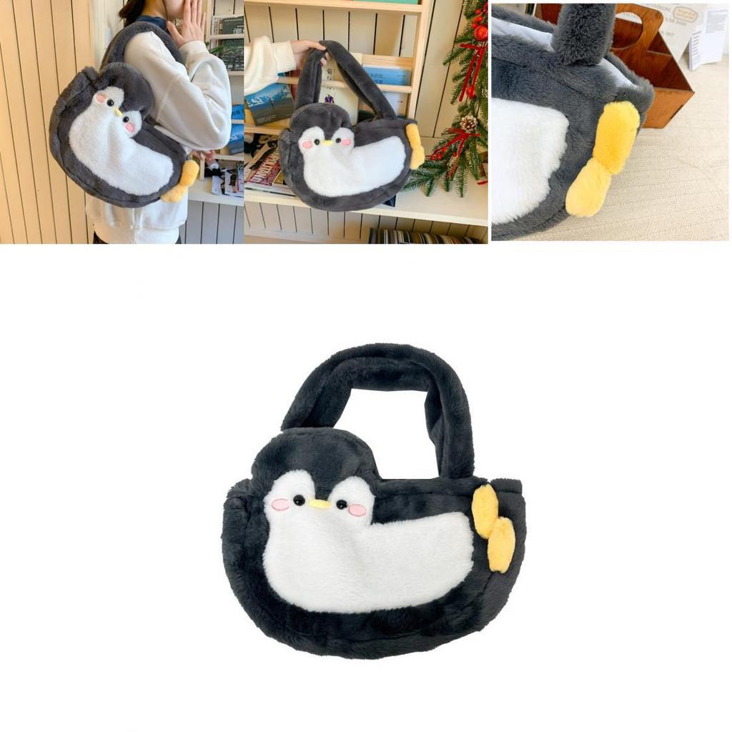 Penguin Plush Tote Bag For Girls With Soft Faux Fur And Zipper Interior
