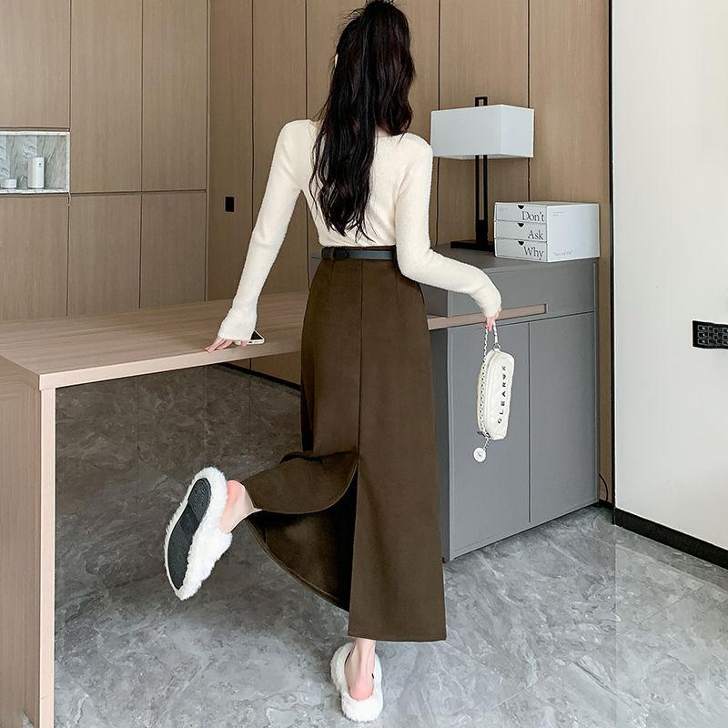 Röcke Damen Lässiger A-Linien-Rock mit hoher Taille, Herbst/Winter, mittellanger Rock mit Tasche, hoher Taille und Gürtel, Schlitzrock