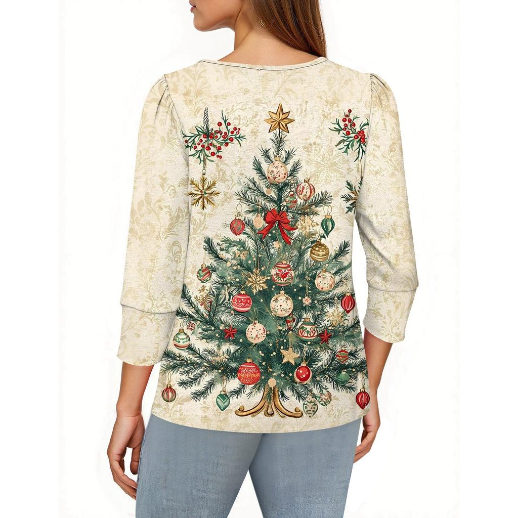 Women's Fashion Casual 3/4 Christmas Print Color Shirt Women's Round Neck Tops