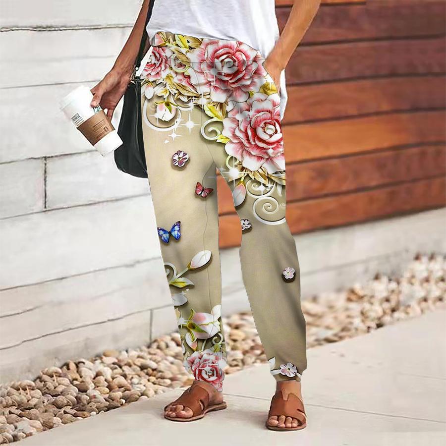 

Женские брюки с цветочным принтом на шнуровке, с эластичной талией, свободные брюки, повседневные длинные брюки, брюки с карманами 8XL жёлтый