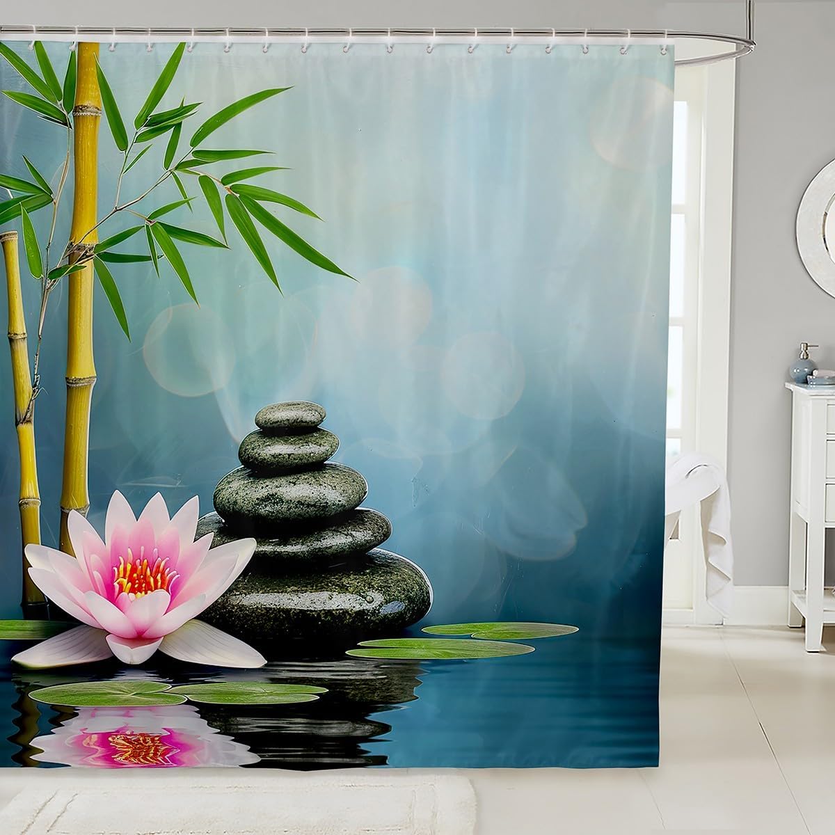 

Zen Stones Shower Curtain Botancial Purple Phalaenopsis Bath Curtain For Kids Meditation Bathroom Fabric Shower Curtain Set 90x180CM