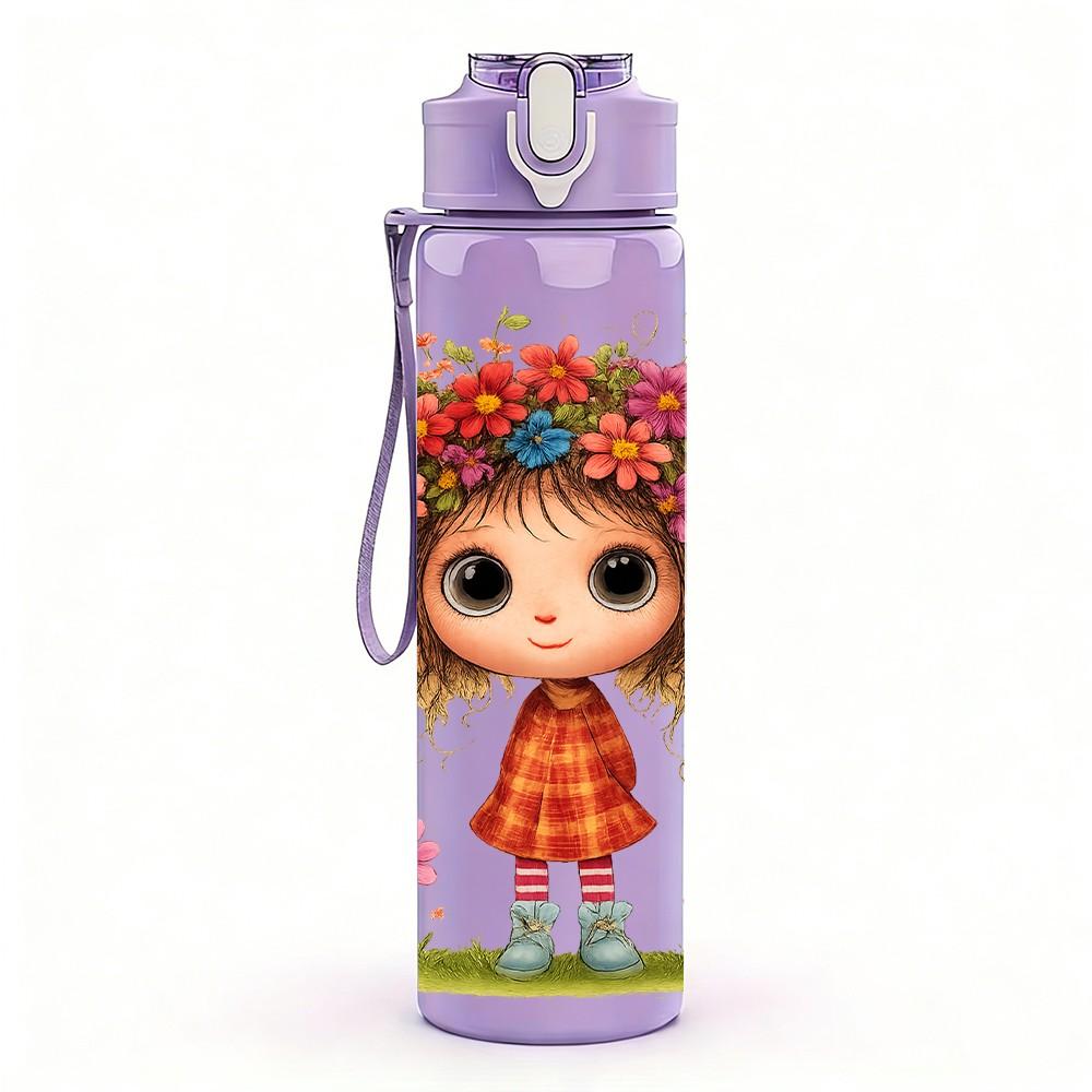 1PC Flower Wreath Girl Cartoon Print 750ml Color Plastic Sports Water Bottle Leakproof Flip Straw Lid Suitable for Sports Office Home Use