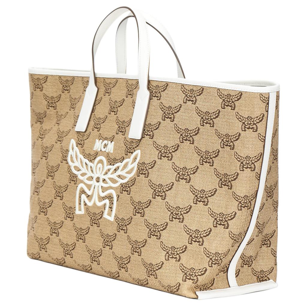MCM Lauretos Canvas Tote Bag with Large Logo & Leather Handles for Daily & Travel Use