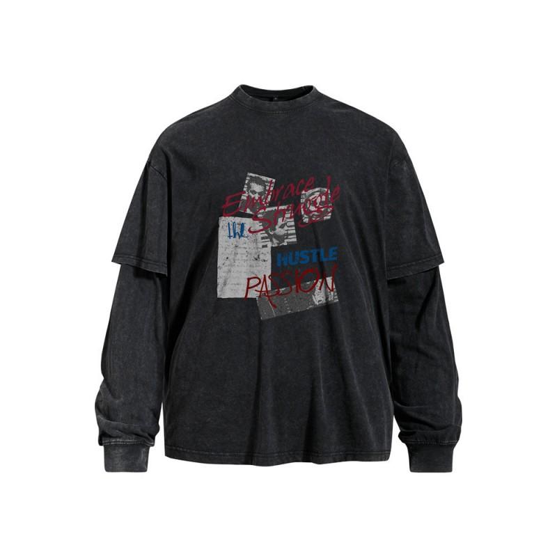 Mens Washed Vintage Fake Two-Piece Long Sleeve T-Shirt Loose Fit Crew Neck Casual Graphic Tee Fall