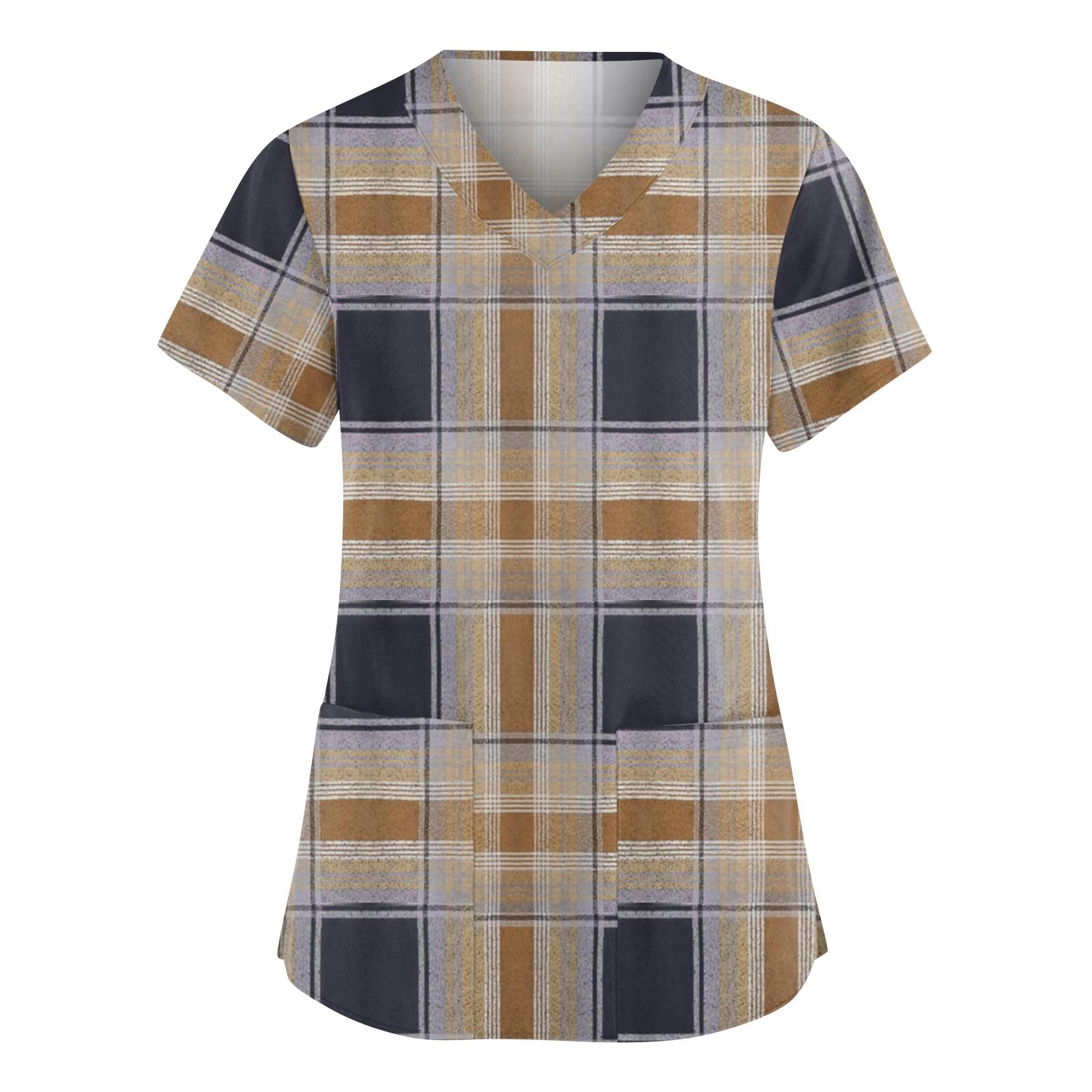 Women s Fashionable V-neck Workwear Printed Short Sleeved Pocket Side Slit Workwear Basic Pullover Top L коричневый