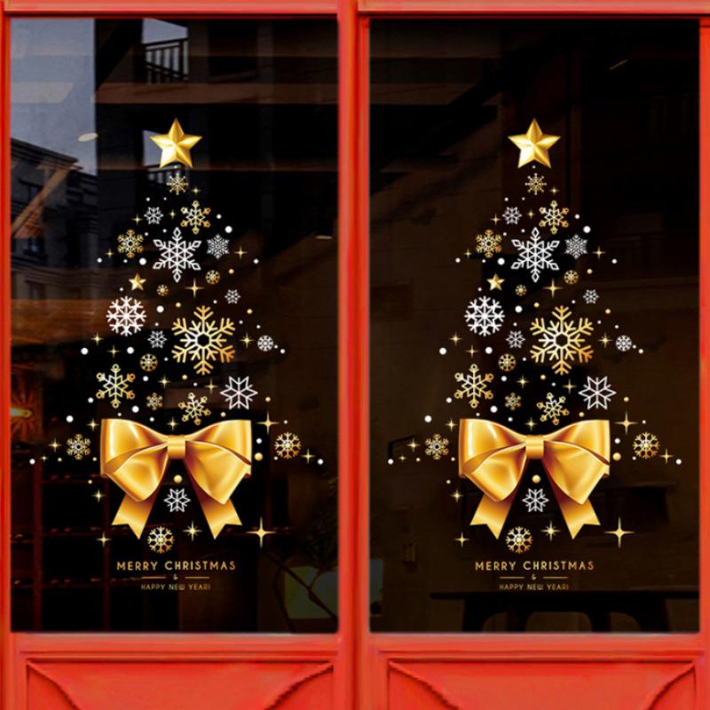 Gold Christmas Wreath & Tree Glass Door Sticker for Shop Windows