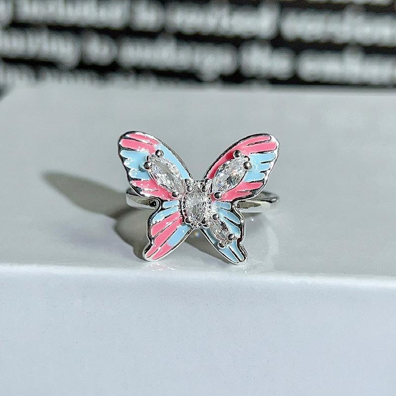 Dopamine Colorful Enamel Flower Butterfly Open Ring Mori Sweet Girly Style Inlaid Zircon Niche Light‑Luxury Adjustable Stackable Decorative Ring