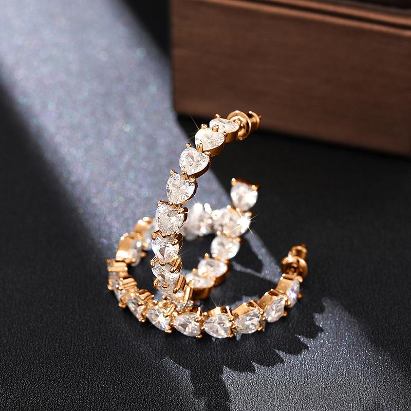 Multi Heart Shape Cubic Zirconia Open C Hoop Earrings Prong Set Rose Gold Plated Elegant Party Banquet Ladies Accessories