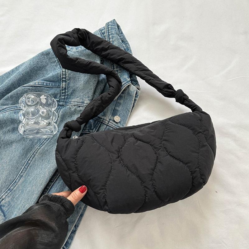 Female Puffer Shoulder Bag Trendy Soft Down Pillow Shopper Bag with Zipper Quilted Simple Crossbody Bag for Teenage Girls
