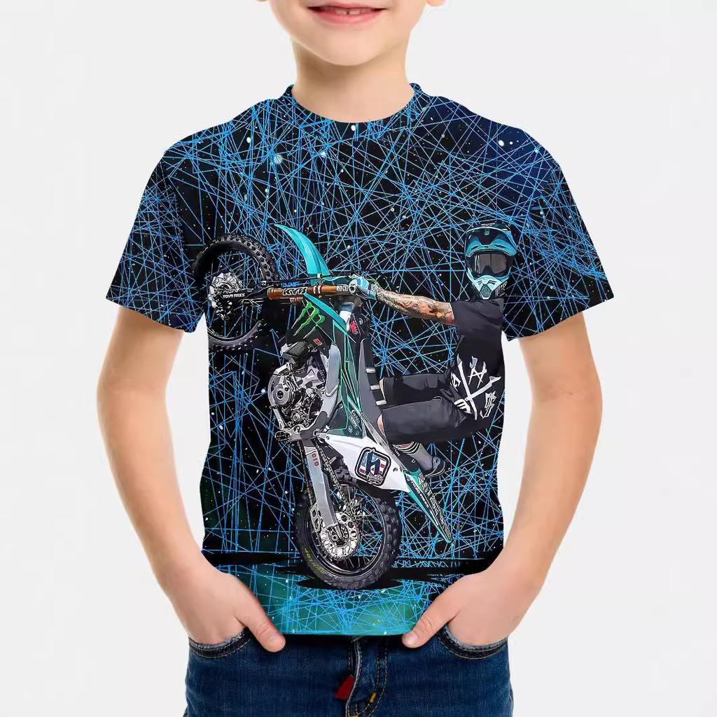 Summer Round Neck 3D Cool Motorcycle Printed Top Fashionable Casual Short Sleeved Children's Boy T-shirts