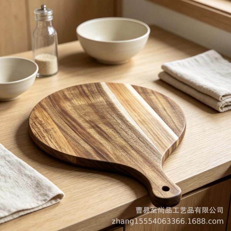 Acacia Wood Cutting Board With Handle Round Kitchen Chopping Cheese Bread Pizza Steak Serving Tray