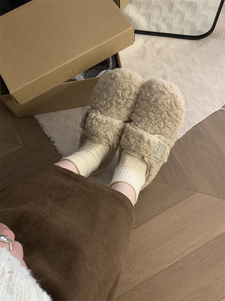 Lammwollschuhe Damen Herbst- und Winterbekleidung 2025 neue Retro-Klettverschluss-Einzelschuhe Damen flache Beanieschuhe Samt