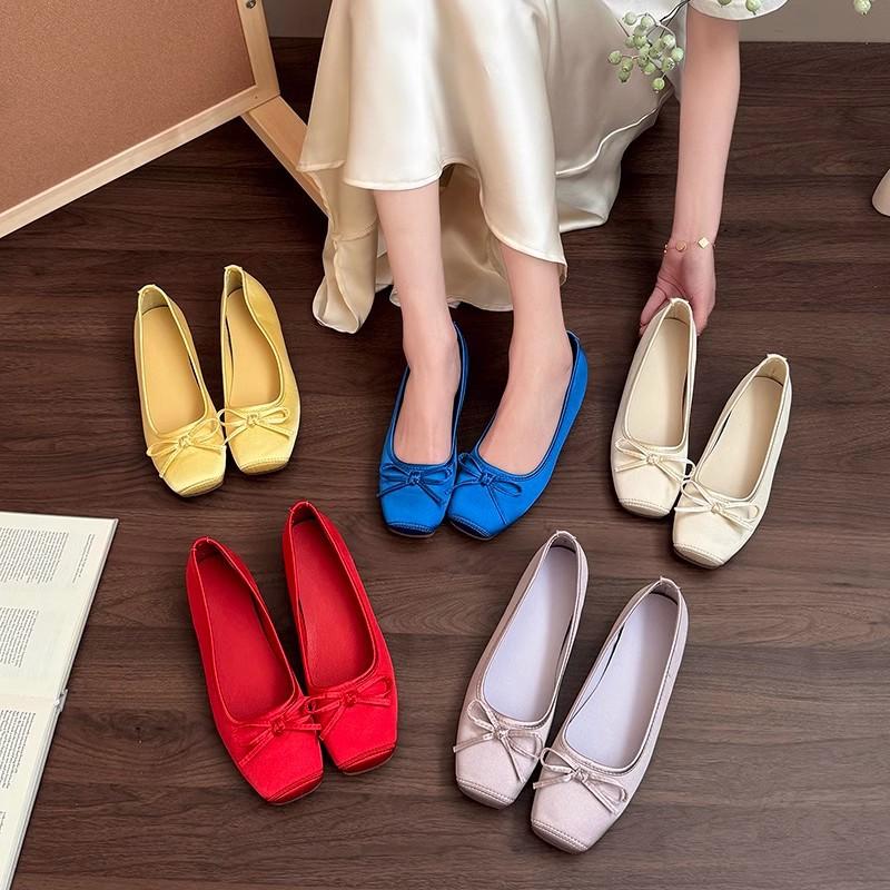 Inner Height Increase 3CM Apricot Gentle Evening Shoes Women's Shoes 2025 New Spring and Summer Red Satin Ballet Shoes