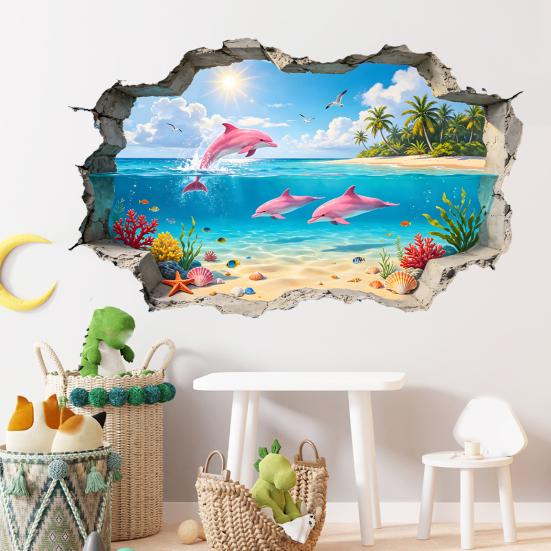 2 Peças de Adesivos de Parede 3D Praia Litoral, Golfinho Oceano Gaivota Palmeira Adesivo de Parede para Quarto de Crianças Bebês, Sala de Estar, Berçário