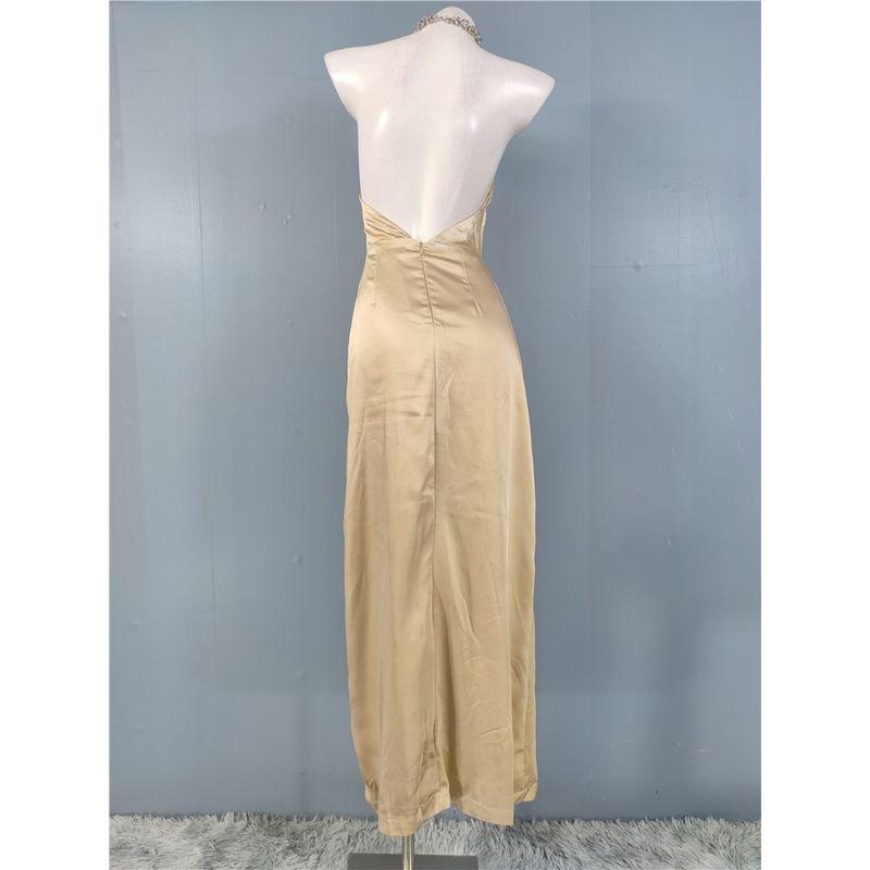 Export Single High Chain Halter Slit Hemline Style Satin Hip-Wrapped Figure-Flattering Annual Party Party Dress Dress