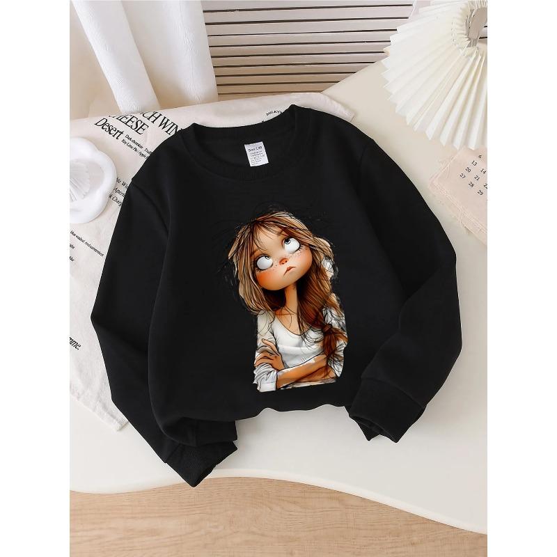 Kids Crewneck Sweatshirt, Whimsical Messy Hair Girl Graphic Print,Spring Autumn Casual Sport Tops