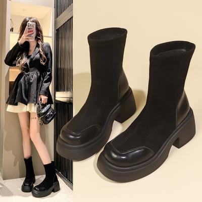 2024 Autumn and Winter Thick Soled Height Increasing Elastic Boots Versatile Casual Thick Heel Short Boots