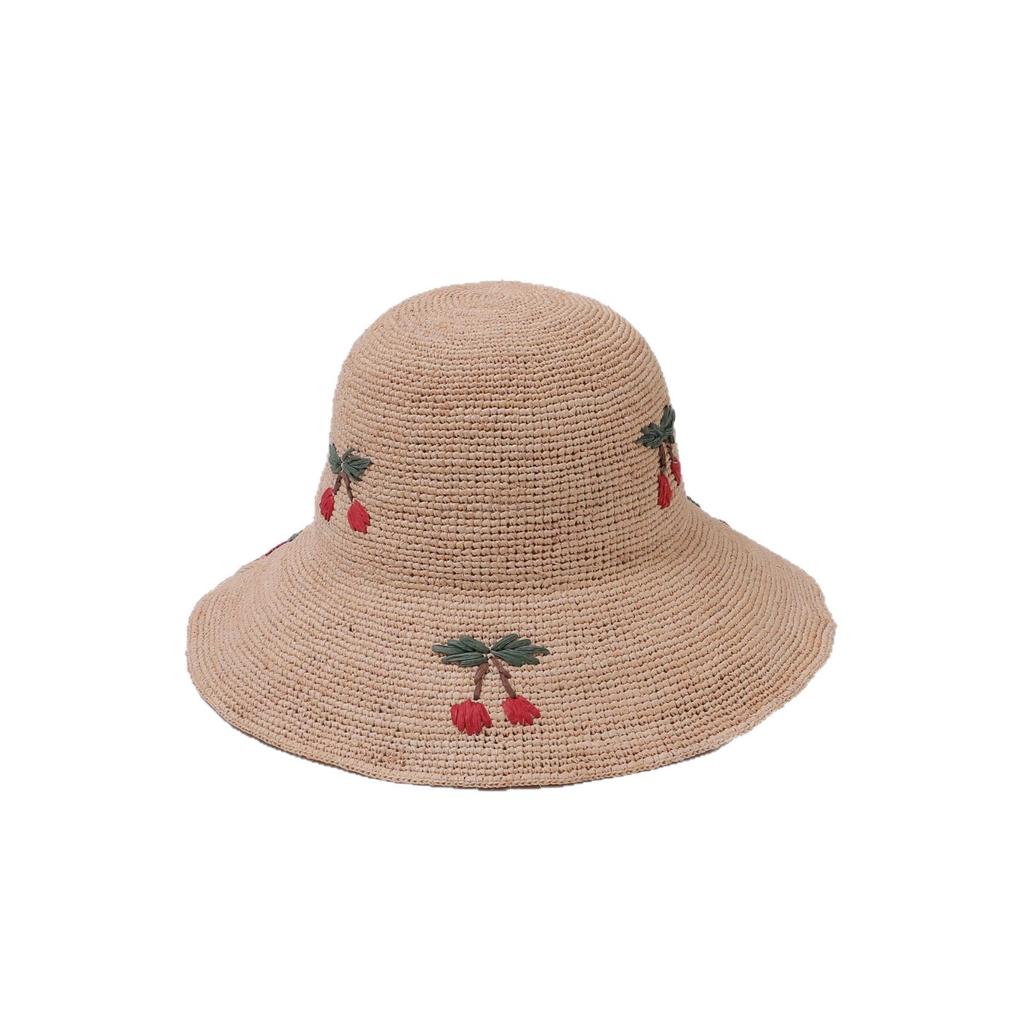 Handmade Crochet Cherry Embroidery Lafite Straw Hat Bucket Hat Women's Summer Seaside Foldable Sunscreen Sunshade Basin Hat