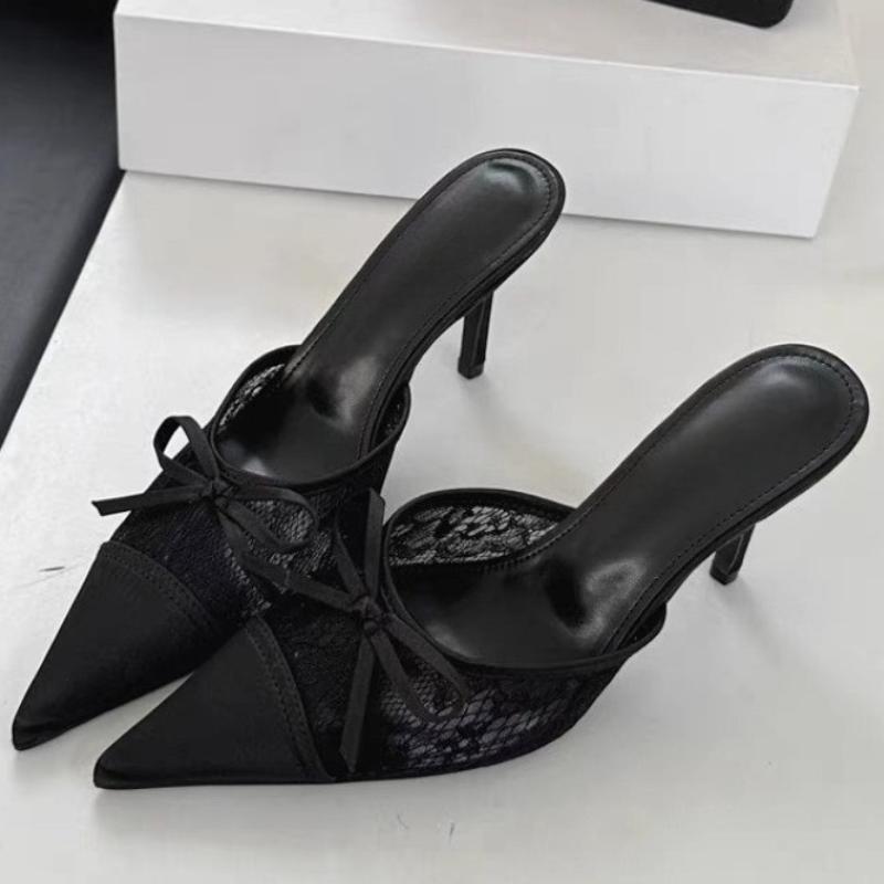 Fashion New Elegant Mesh Fabric Butterfly-knot Pointed Toe Slippers Women Sexy Thin Heels Party Prom Mule Shoes