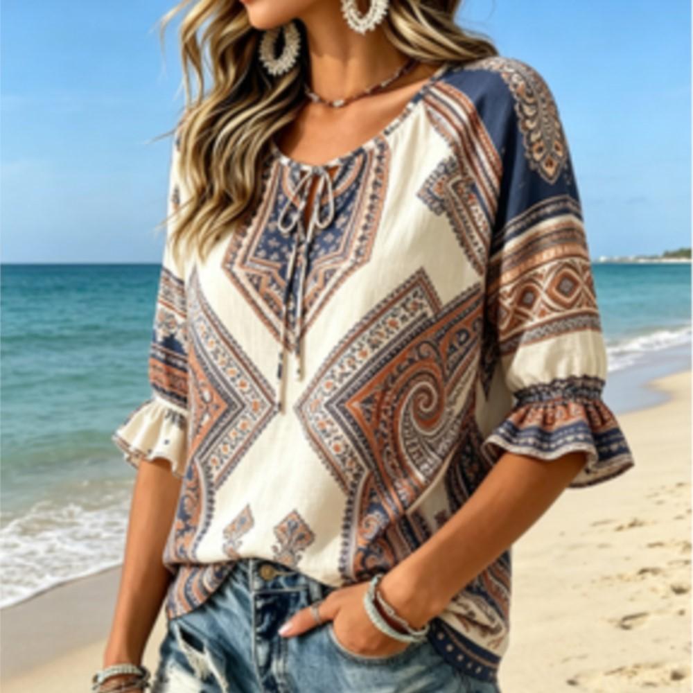 Women's Boho Paisley Geometric Print Shirt Tie Neck Ruffled 3/4 Sleeve Loose Casual Top for Vacation Daily Wear