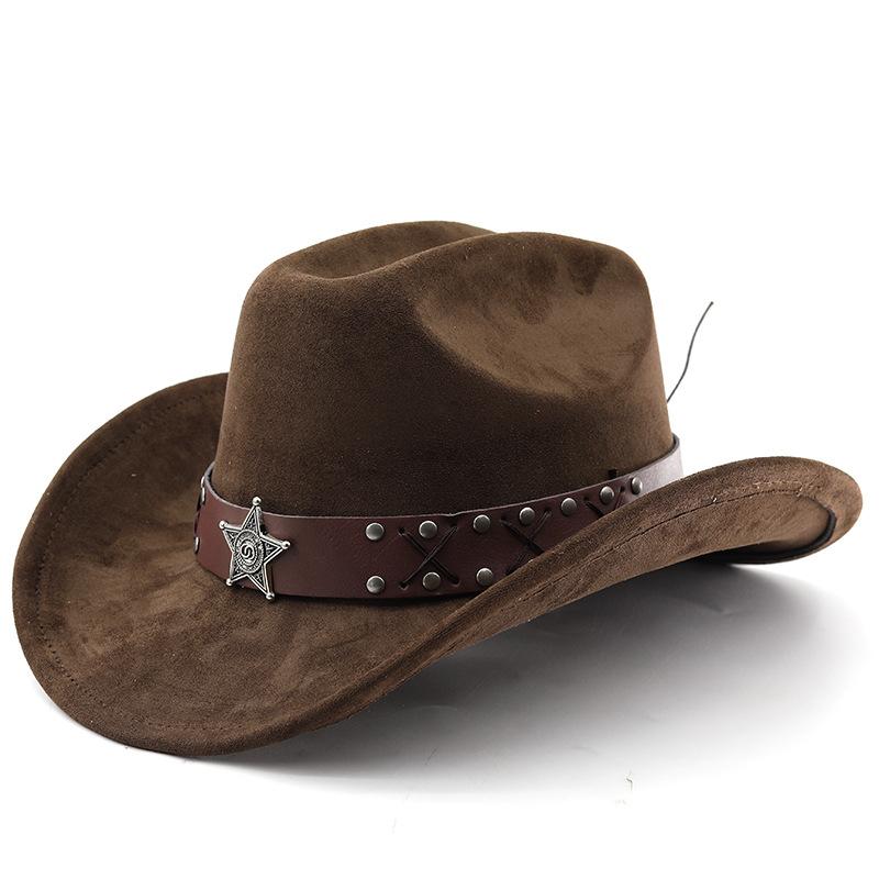 Western cowboy roll-up edge big edge cowboy hat bull head accessories leather velvet jazz hat riding hat