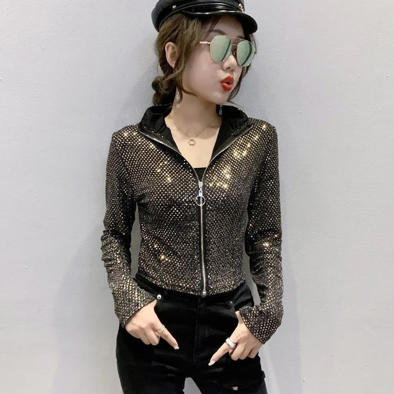Fashion Glitter Sequined Short Jacket Women Slim Sexy Long Sleeve Zipper Coat Spring Autumn