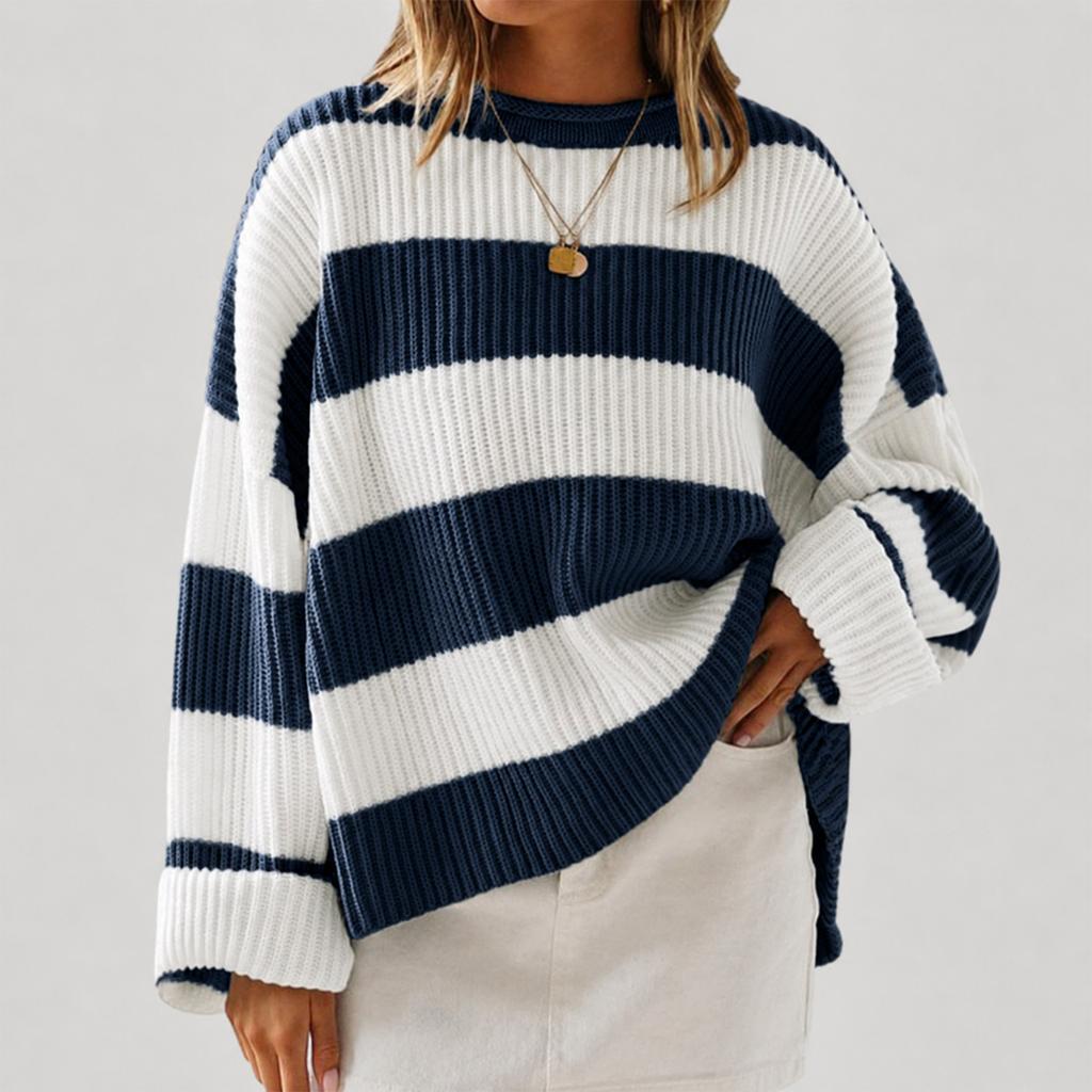 Women's Striped Neck Sweater with Long Bell Sleeves, Loose Fit Knit Pullover