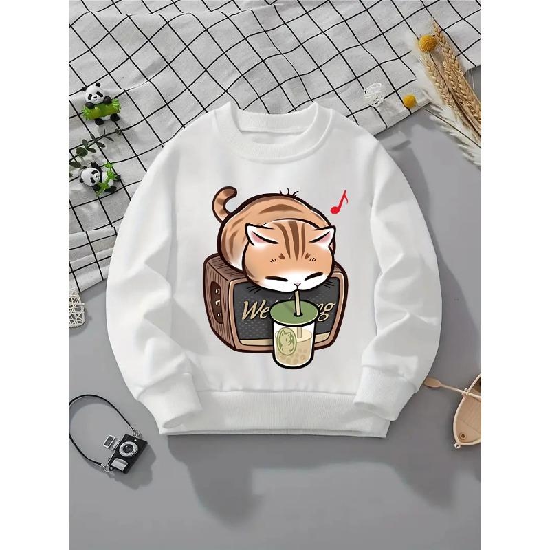 Kids Crewneck Sweatshirt, Napping Cat on Radio with Drink Print 110 белый