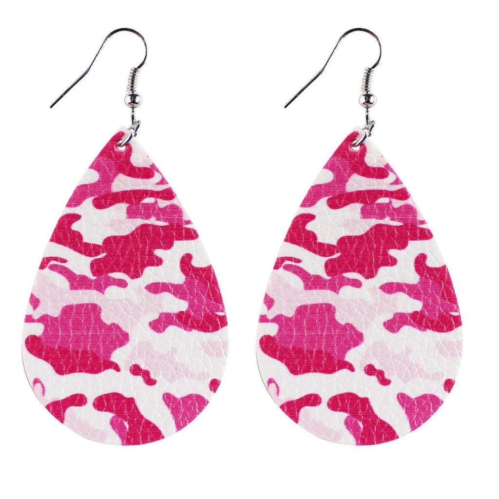 Army Green Camouflage Pu Leather Earrings Water Drop Shape Double-Sided Printing For