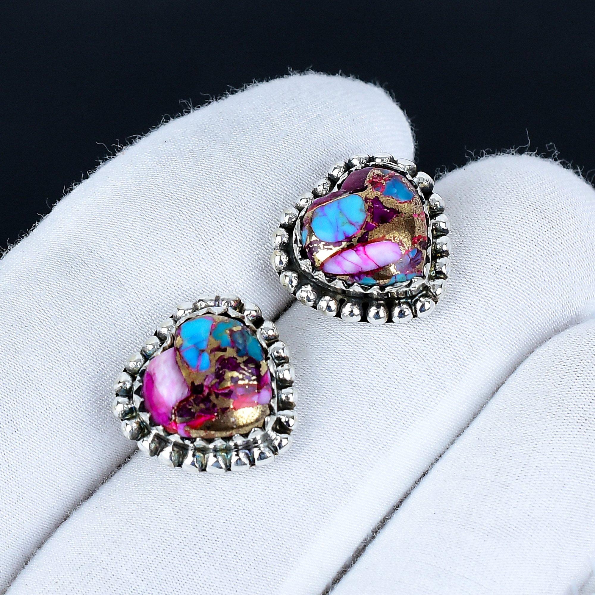 

Серьги с бирюзой Кингман | Серьги-пусеты из стерлингового серебра 925 пробы | Серьги-пусеты в виде сердца с драгоценными камнями ручной работы | Бохо украшения подарок на Новый год 3.5 Cm розовый