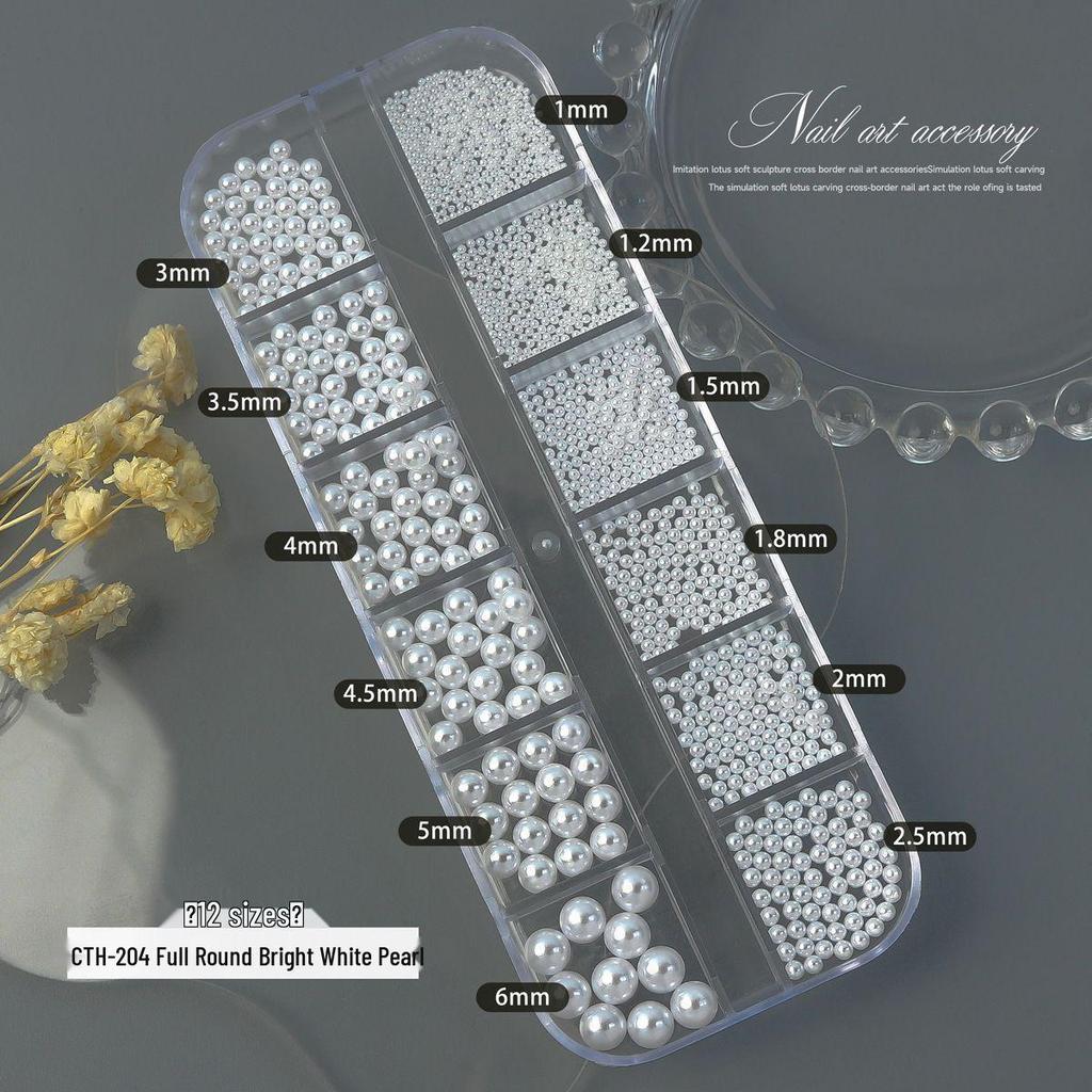 12-Grid High-Gloss Pearl Rice White Nail Art Decorations: 6-Piece Round and Half-Round Mixed Size Set