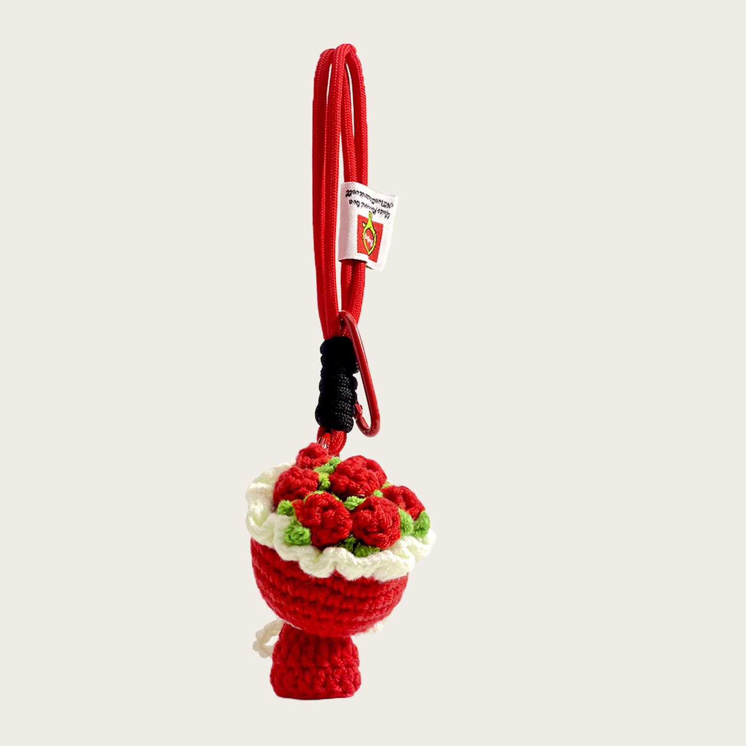 

Cute Hand-Crocheted Pink Rose Bag Pendant Knitted Flower Bouquet Keychain Valentine S Day Gift