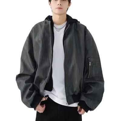 מעיל קפוצ'ון דמוי עור עם רוכסן כפול סתיו חורף פונקציונלי כיס רוח שילוב גזרה רפויה מעיל בעיצוב מפורק לגברים