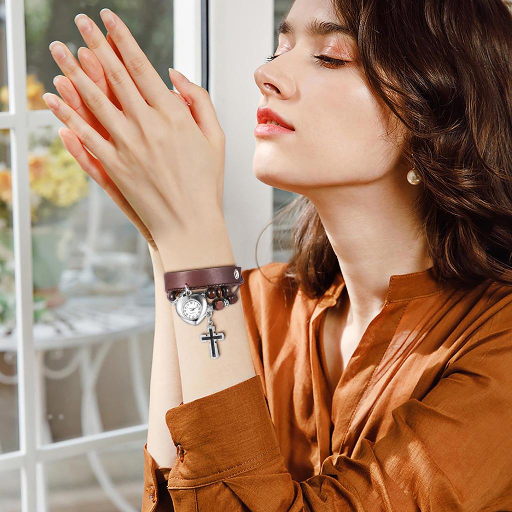 Gothic Cross Wristwatch with Antique Leather Strap: Waterproof Analog Display with Wooden Beads and Leather Bracelet, Stylish Brown Quartz Watch -
