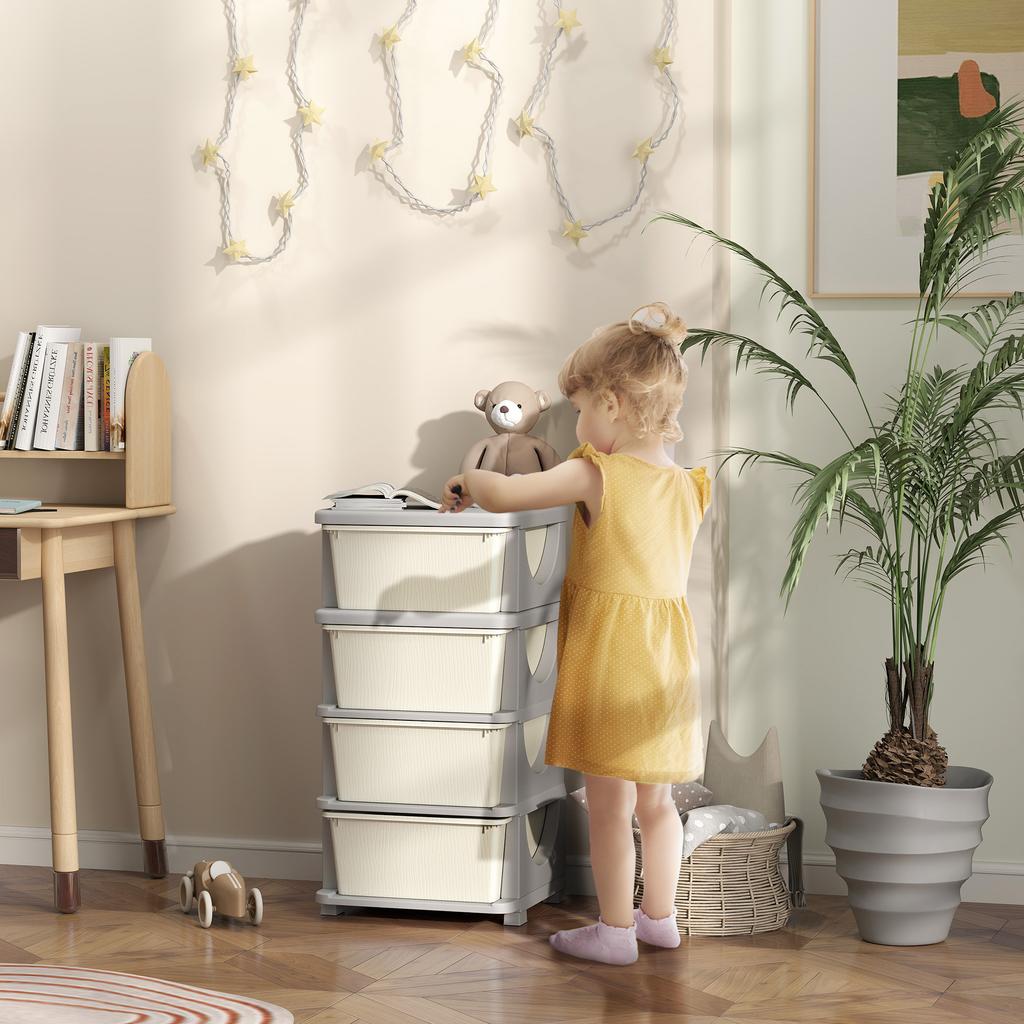 Children's Toy Organizer, 4 Drawers, 4 Tiers, Plastic Boxes, 37 x 37 x 76 cm, Cream