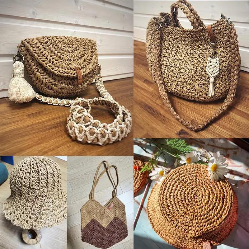 200M Natural Raffia Straw Yarn For Knitting Crocheting Paper Threads DIY Handmade Summer Sunhat Beach Bag Braided Cord Supplies