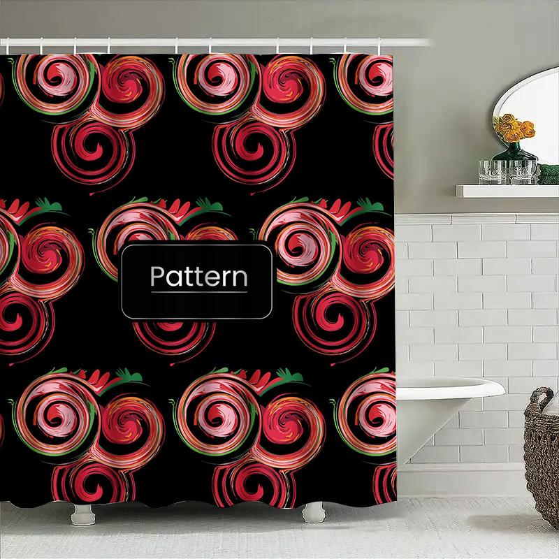 Patterned Shower Curtain with Black Background Red/Black Swirls Bathroom Decor for Home Decoration 90x180cm