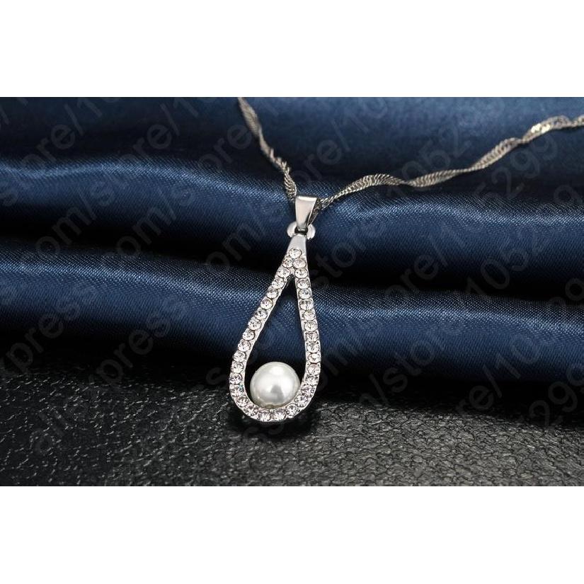 925 Sterling Silver Shiny Crystal Water Drop Pearl Necklace Earrings Jewelry Sets For Woman Fine Jewelry Wedding Gift Wholesale