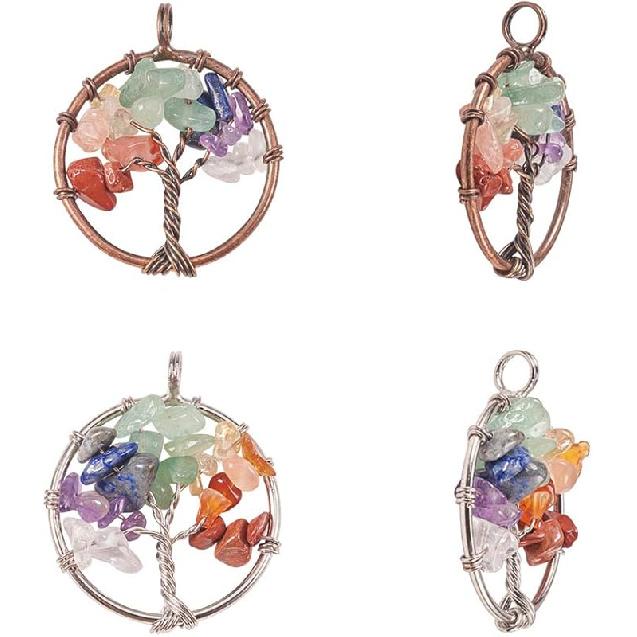 PH PandaHall 10pcs Tree of Life Pendant 2 Inch Gemstone Chakra Necklace Charms Crystal Quartz Stone Pendant Chakra Crystals Tree Life Good Luck Yoga Platinum & Red Copper - 4